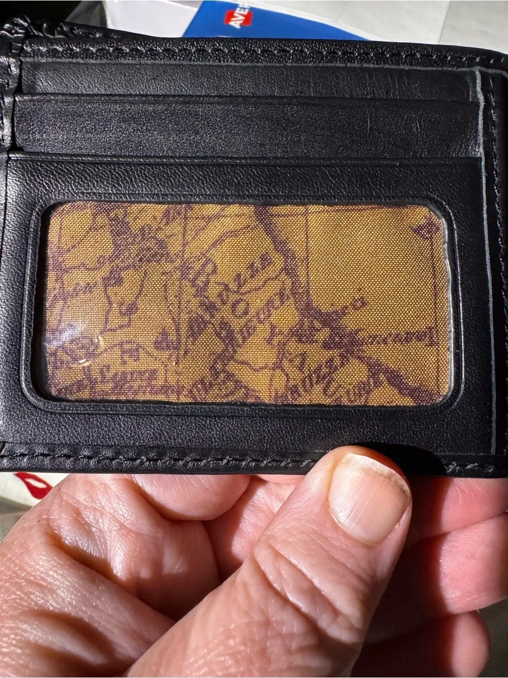 Patricia Nash vintage Classic Black Leather Men's Bi-Fold Wallet with map fabric